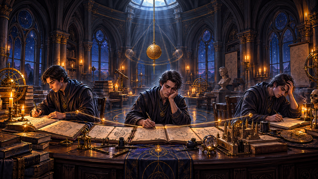 Hermetic Principle of Rhythm illustrated by the same person working through changing emotional states beneath a swinging pendulum, symbolizing consistency and self-mastery.